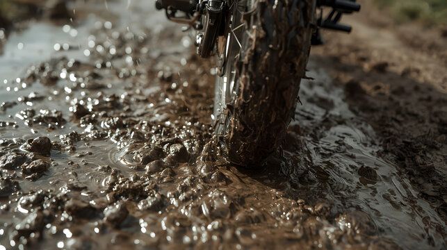 Close-up of a bicycle or motorcycle wheel deeply stuck in thick, wet mud on a challenging off-road path.
