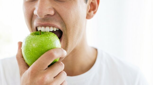Healthy eating: Person biting crisp green apple with water droplets, fresh fruit for wellness lifestyle.