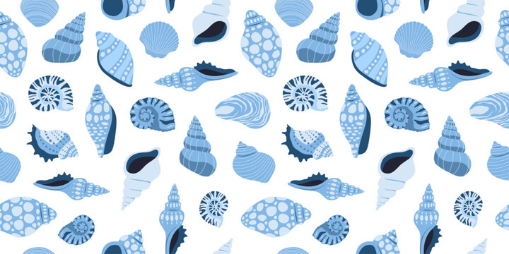Summer Seashell Seamless Pattern in Flat Cartoon Style. Blue seashells, spiral shells, conch, scallop, nautilus, beach shell collection, coastal ocean background