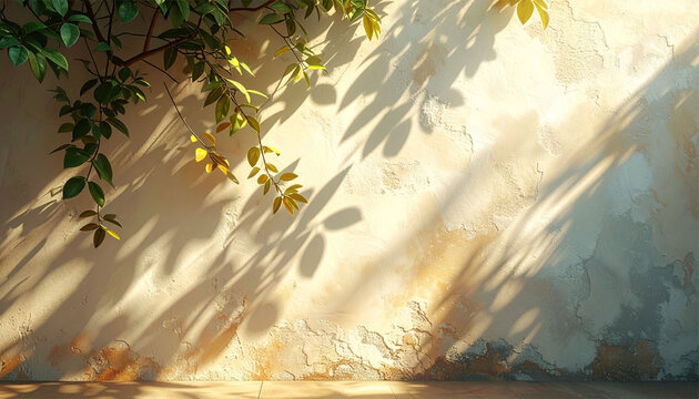 Shadow overlay effects of abstract natural tree leaves and sunlight on wall background
