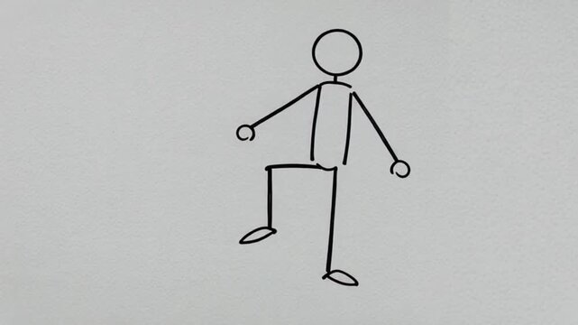 Clean minimalist stick figure animation of a human balancing on one leg, centered on white