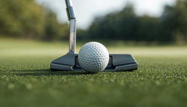 Close-up of a golf ball and a putter on a lush green grass of a professional golf course during a game