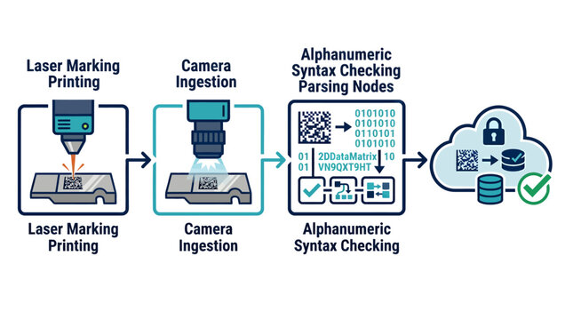 Process of laser marking, camera ingestion, and alphanumeric syntax checking for data serialization and verification
