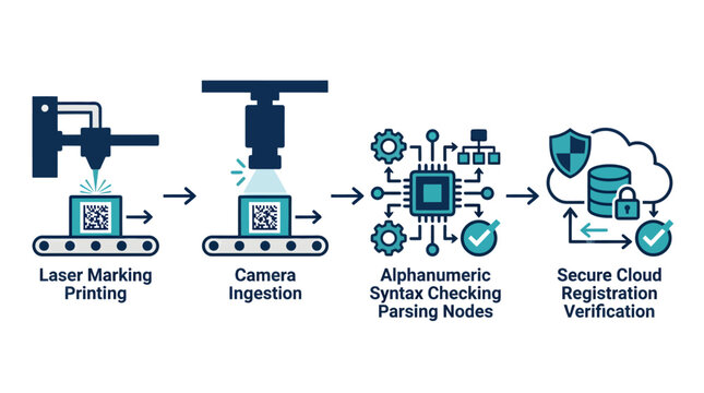 Industrial DataMatrix serialization and code validation process flow vector illustration with camera scanning and cloud registration