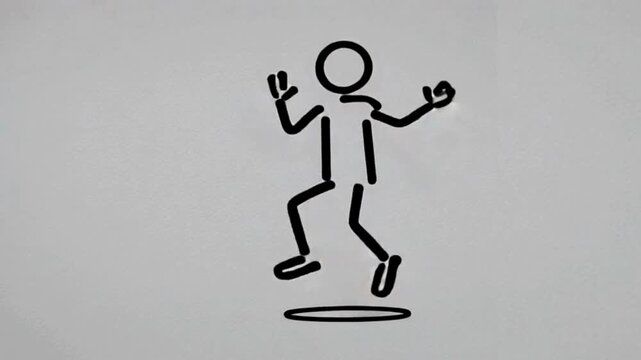 Clean minimalist stick figure animation of a human hopping repeatedly, rhythmic loop, flat vector style, white background