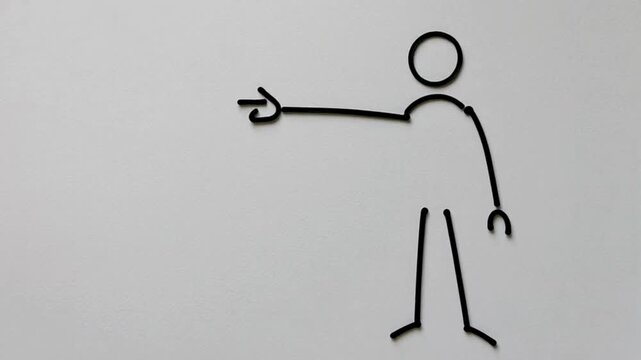 Clean minimalist stick figure animation of a human pointing forward, extended arm motion, centered frame, white background