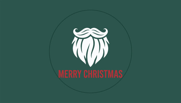 Christmas greeting card design with Santa Claus white beard and mustache silhouette inside a circle on a dark forest green background.