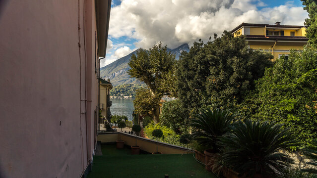 Bellagio City Old Town Street and Basilica di San Giacomo Church, Italy