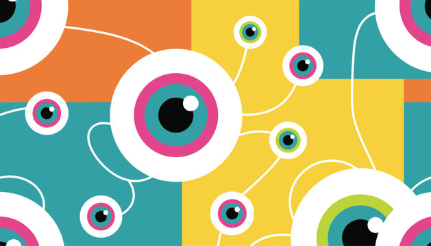 Retro seamless pattern filled with abstract colorful monster eyeballs connected by thin white lines over geometric color blocks.