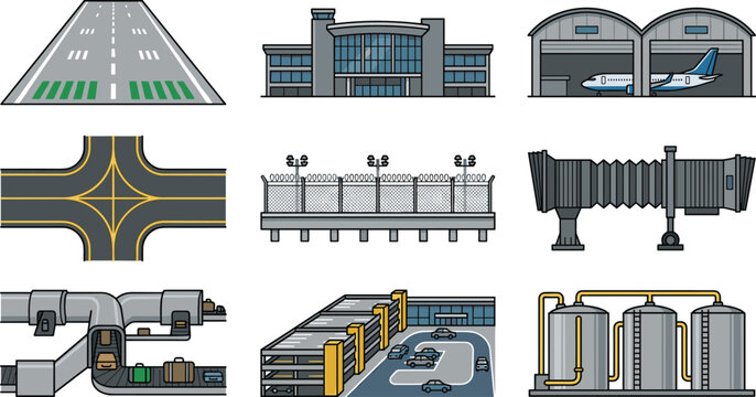 Airport Infrastructure and Transportation Facility Icon Set Featuring Runway, Terminal, Hangar, Jet Bridge, Road Junction, Parking Garage, and Industrial Storage Vector Collection