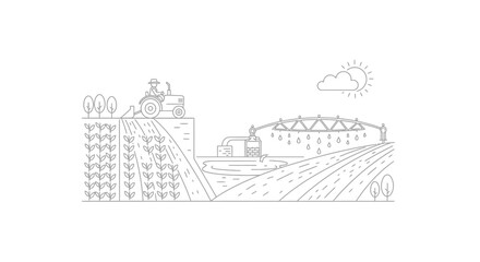 Fototapeta premium Modern Farming: Tractor Tilling Field, Irrigation System Watering Crops Under Sunny Sky