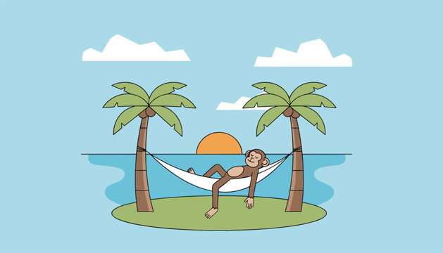 Cute monkey sleeping peacefully on a hammock strung between two palm trees on a small island at sunset in a flat vector style.