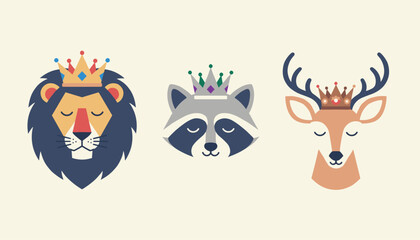 Naklejka premium Cute vector portraits of royal forest animals including a lion, raccoon, and deer wearing golden crowns.