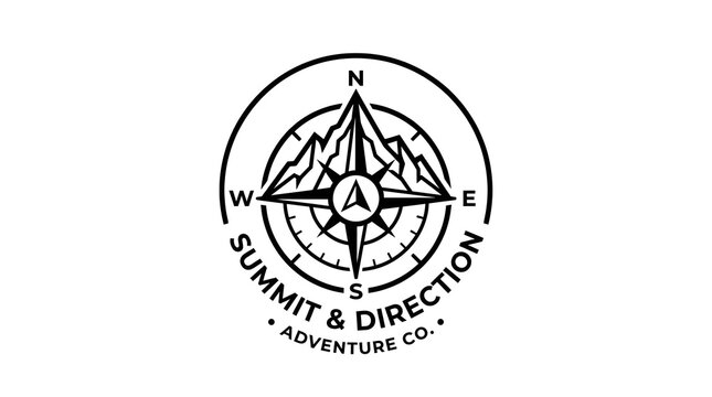 Adventure and Exploration Compass Logo with Mountain Summit Vector Illustration for Outdoor Travel and Hiking Brand