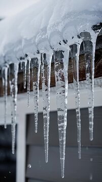 Sharp transparent icicles hanging from a house roof gutter in winter cold daylight