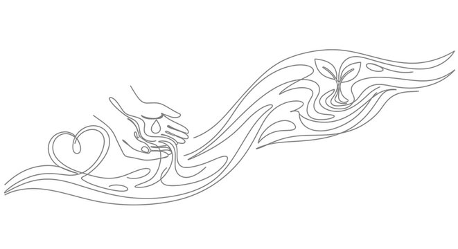 Caring Hands Nurturing Life: Water, Heart, and Sprout Continuous Line Art