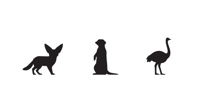Three Wild Animal Silhouettes Icon Set with Fennec Fox, Meerkat and Ostrich