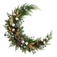 Fototapeta premium Crescent moon shaped festive winter greenery wreath adorned with pinecones cotton bolls and eucalyptus leaves