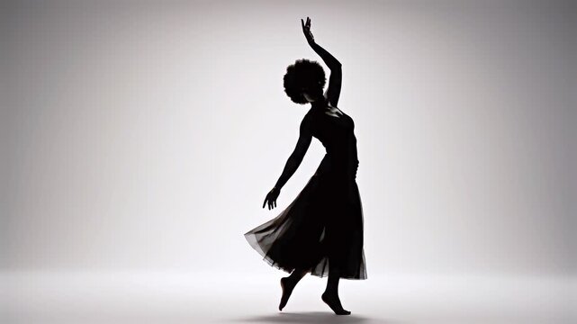 Woman silhouette moving in side view floating slightly above ground in an empty neutral space emphasizing isolated body motion for conceptual visuals, performance art and minimal design compositions