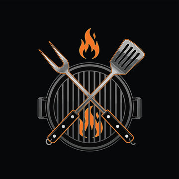 Graphic illustration of a metallic barbecue spatula and meat fork crossed over a circular charcoal grill grate with stylized orange fire flames isolated on a solid black background.
