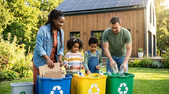 Family sorting recyclable materials in colorful bins outdoors near house