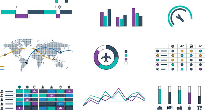 Aviation Analytics Dashboard and Flight Data Visualization Icon Set with Performance Charts, Global Route Maps, KPI Metrics, and Airport Reporting Elements