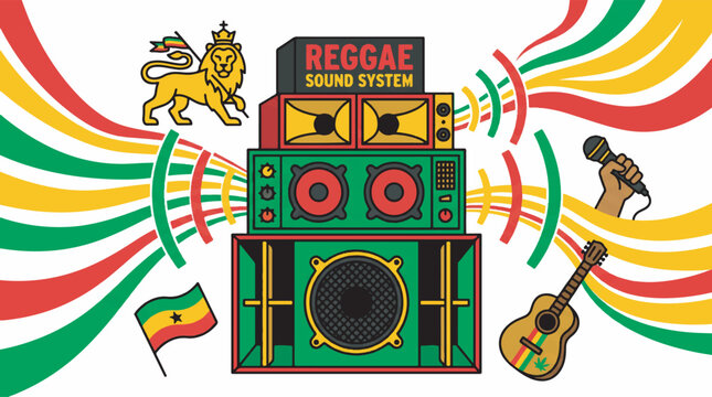 Vibrant illustration of a reggae sound system with speakers, microphone, guitar, Rasta flag, and a lion, set against a backdrop of red, yellow, and green wavy lines.