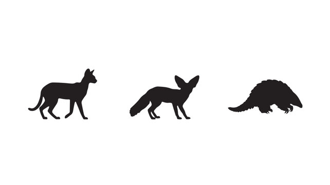 Three Wild Animal Silhouettes Icon Set with Jungle Cat, Fennec Fox and Pangolin