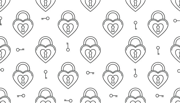 Seamless vector pattern of linear heart shaped padlocks and keys on a clean white background.