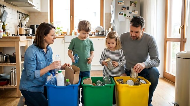 Family sorting waste for recycling in a bright kitchen environment