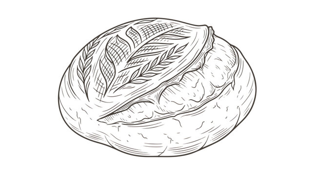 Vintage hand drawn sourdough bread loaf vector, rustic artisan bakery bread with wheat ear scoring, organic crusty boule illustration for menu design