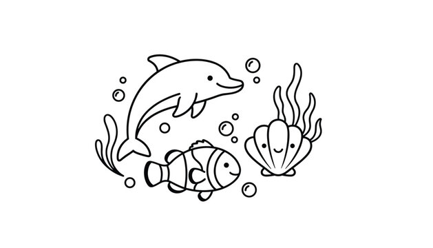 Coloring page vector illustration of cute sea creatures including a playful dolphin, a clownfish, and a clam shell.