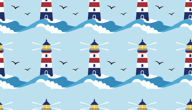 Seamless background pattern of classic nautical lighthouses amidst stormy blue sea waves and flying seagulls in the sky.