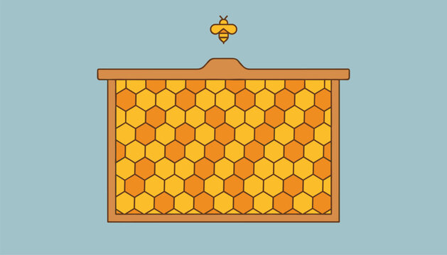 Honeycomb wooden frame filled with delicious sweet yellow honey and a small bee flying above on a blue background.