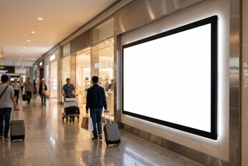 Fototapeta premium Blank white horizontal billboard mockup in modern airport terminal with travelers.