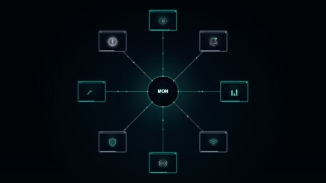 Futuristic System Monitoring Hub with 8 Network Nodes Animation