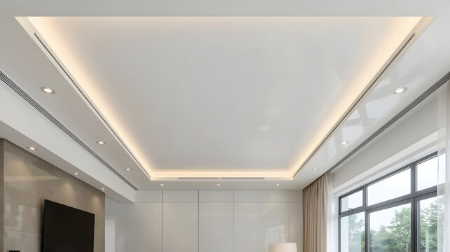 Modern living room ceiling with elegant recessed lighting and spotlights creating a sophisticated ambiance.