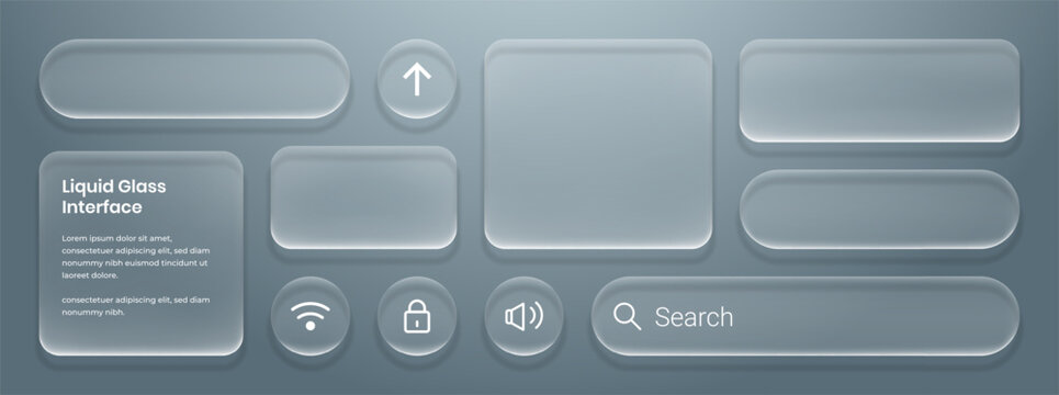3D Liquid glass smartphone interface isolated. UI UX light frame rounded square and circle elements with a glow stroke. Collection design widget for smartphone and web app.
