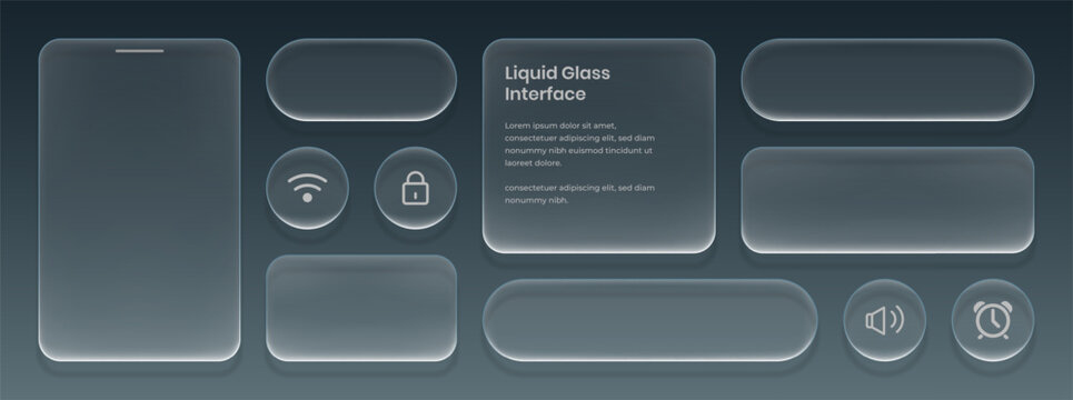 3D Liquid glass smartphone interface isolated. UI UX light frame rounded square and circle elements with a glow stroke. Collection design widget for smartphone and web app.