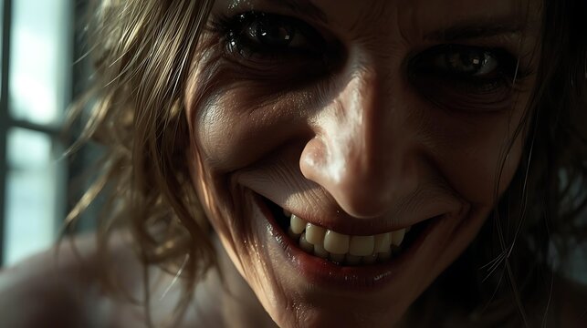 Creepy woman face with sharp teeth smiling