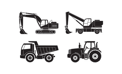 Naklejka premium Black silhouette icons of four heavy duty construction vehicles for transport projects.