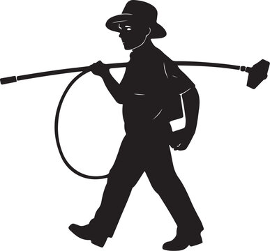 Silhouette of a man walking with a sledgehammer over his