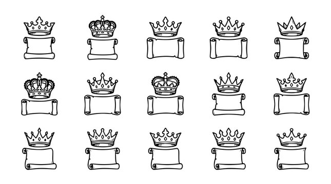 Hand-drawn crowns and scrolls emblems, royal crests, isolated on white background