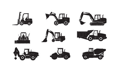 Obraz premium Industrial construction machines heavy equipment silhouette set, loader, excavator, bulldozer, truck.