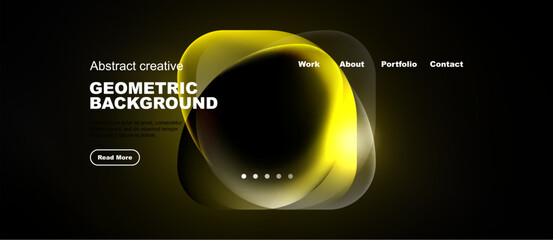 Obraz premium Dark background features vibrant yellow abstract shapes. Website navigation includes work, about, portfolio, contact options. Minimalist design.