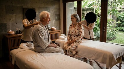 Obraz premium Elderly couple receiving massage therapy indoors at a spa with therapists providing treatment