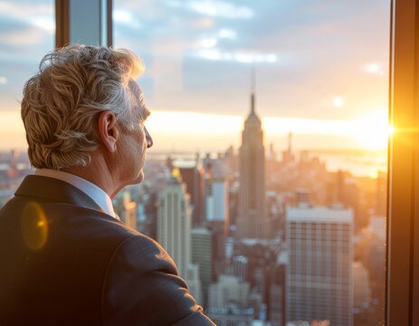 Businessman looking out office window at cityscape.