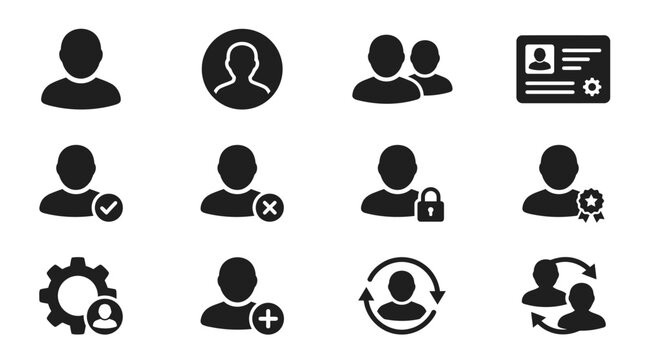 Modern Black and White Icons Set Featuring User Group Admin and System Management Symbols for Digital Interface Design