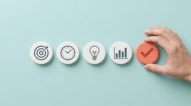 Hand placing checkmark token for successful business strategy completion