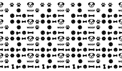 Fototapeta premium Playful dog seamless pattern with cute puppies paw prints bones and woof text vector